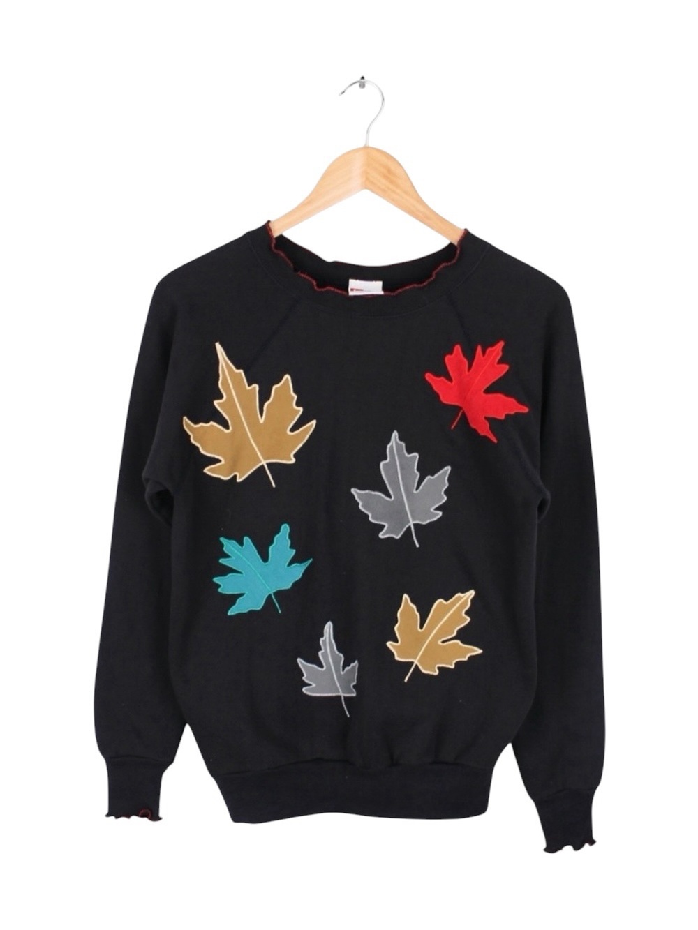 Vintage Autumn Leaves Appliqué Crewneck Sweatshirt Black 90s Size Medium